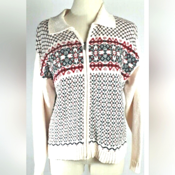 LIZ Clairborne Sweater CHRISTMAS Holiday Cardigan Full Zip Cotton Collar Large - Picture 1 of 8